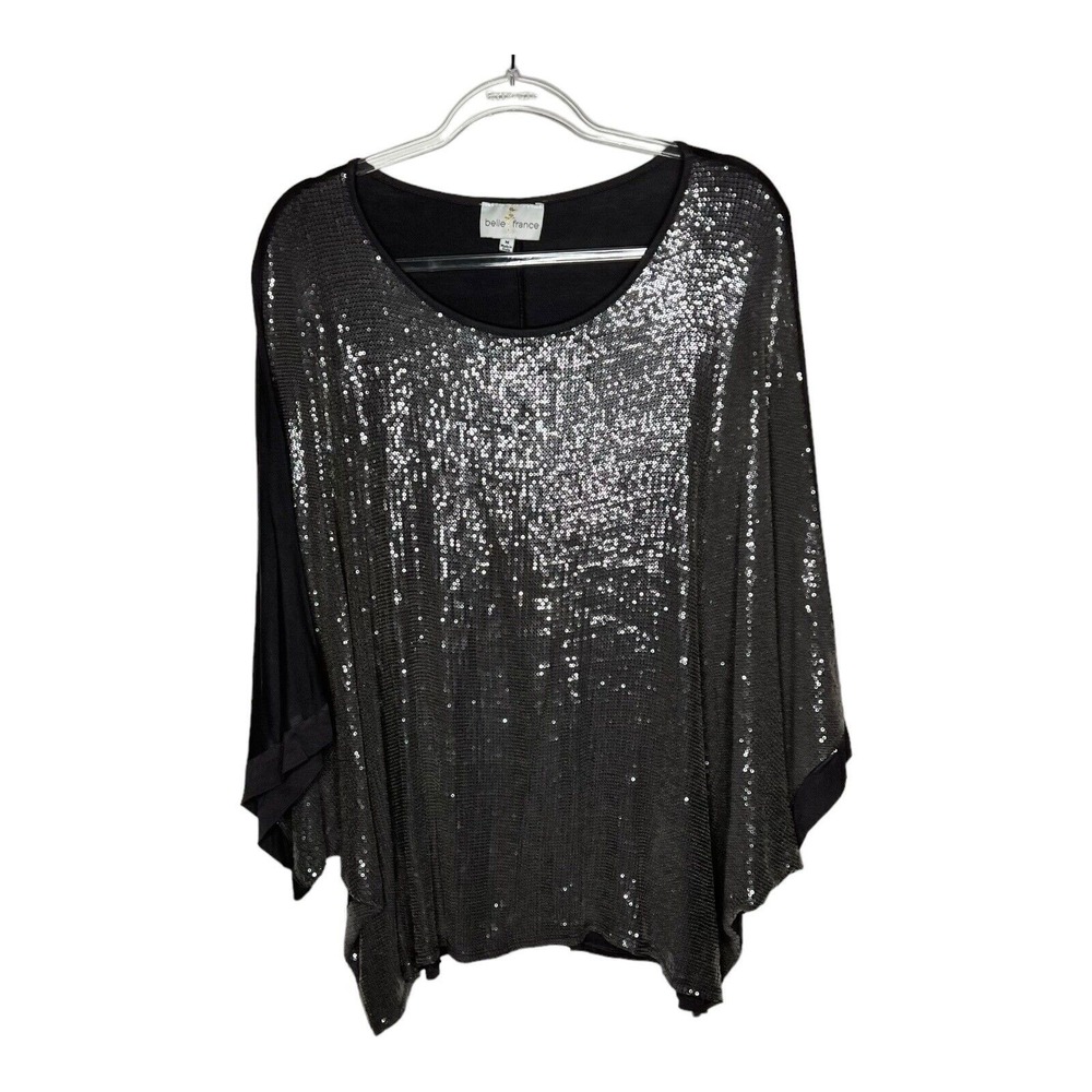 Belle France Sequin Top Blouse Womens Size Medium Gray Oversized Flowy Party